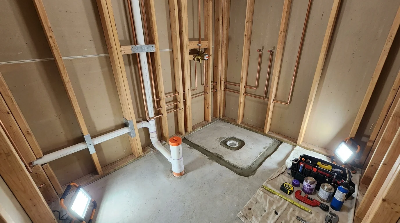 Bathroom rough-in plumbing during remodel by Johns Plumbing LLC in Randolph