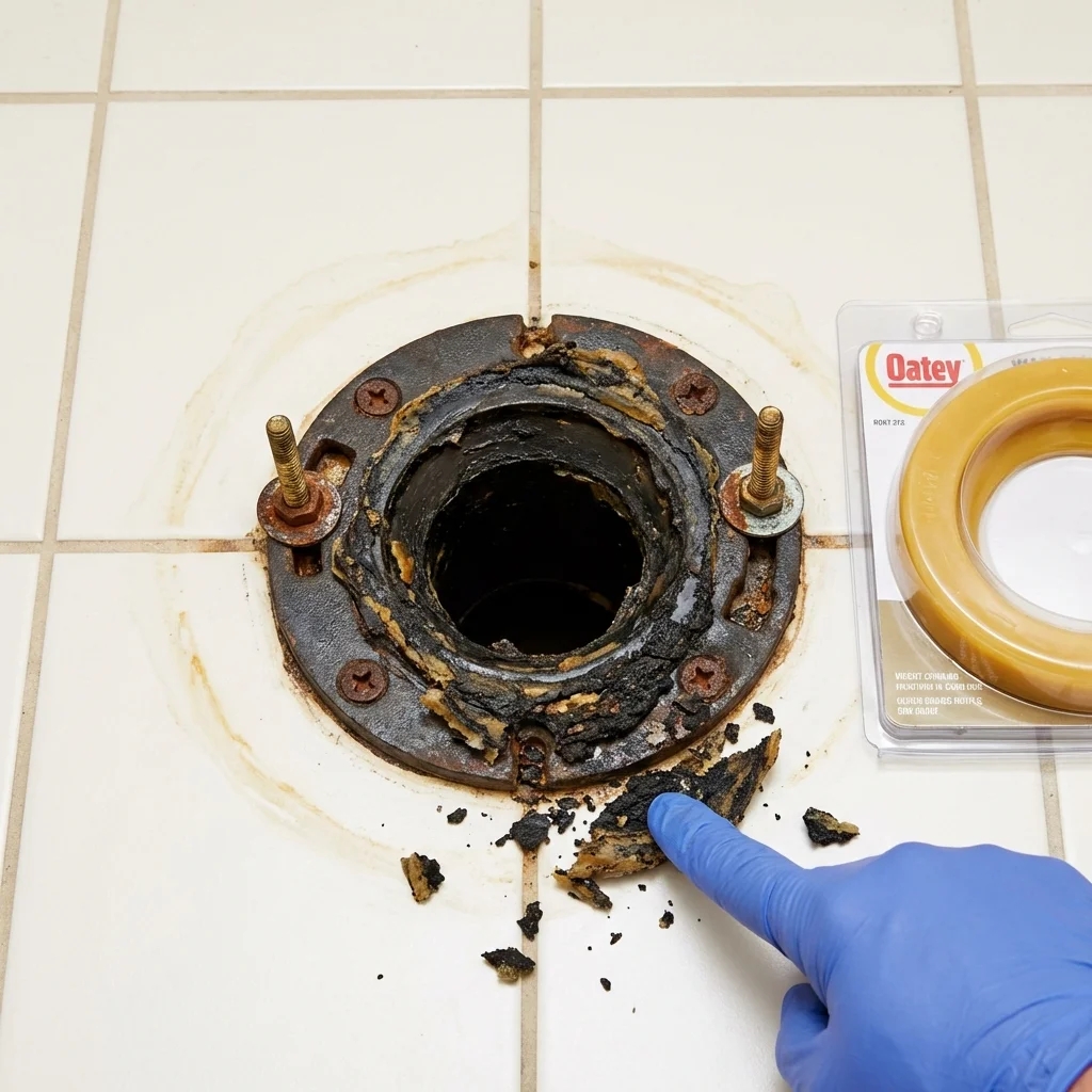 Failed wax ring showing water seepage at the base of a toilet in a Randolph, VT home