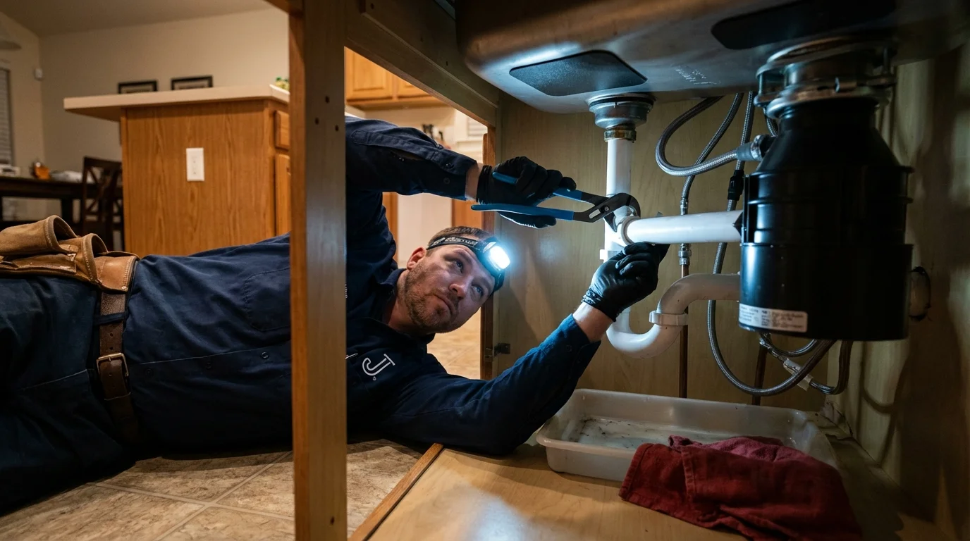P-trap and supply line connections under a kitchen sink showing a common leak point in Randolph, VT